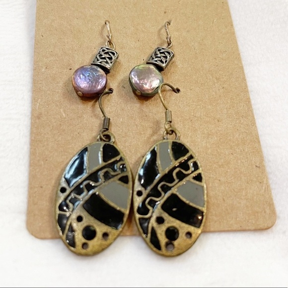 Fresh Water Pearl & Enamel Earrings Dangle Set Of Two - Picture 1 of 4